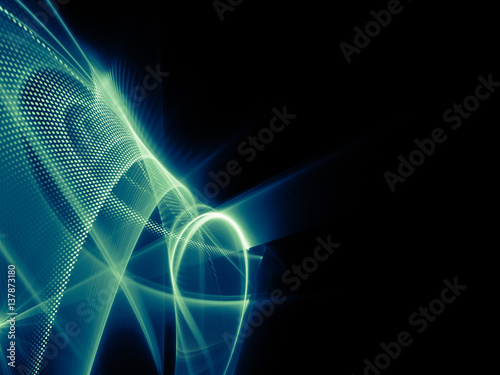 Abstract background element. Fractal graphics series. Three-dimensional composition of glowing lines and halftone effects. Information and energy concept. Blue on black.