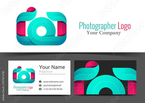 Camera Photographer Studio Corporate Logo and Business Card Sign Template. Creative Design with Colorful Logotype Visual Identity Composition Made of Multicolored Element. Vector Illustration