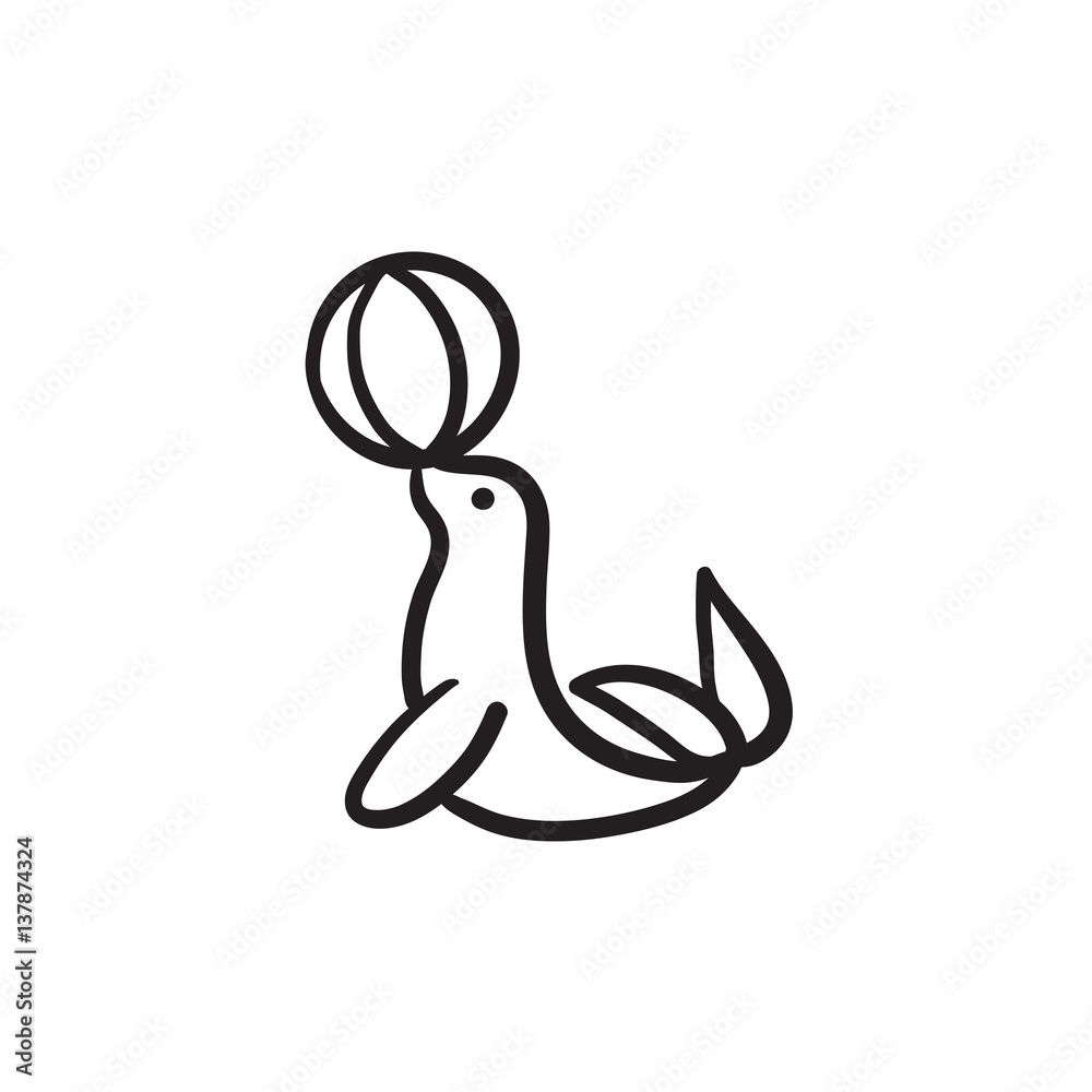 Trained fur seal playing with ball sketch icon. Trained fur seal playing with ball sketch icon.