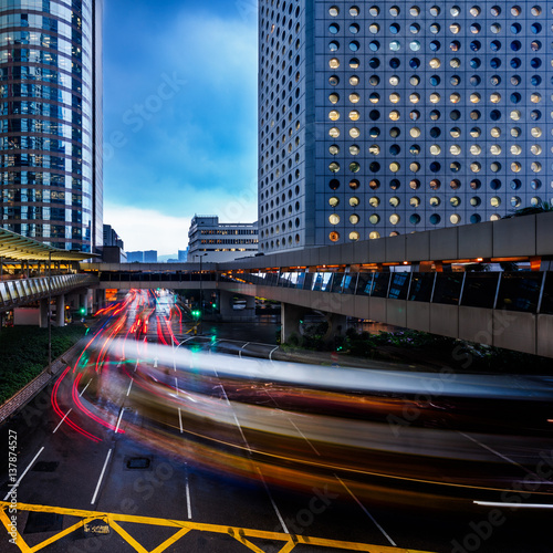 urban traffic with cityscape in Hong Kong China.