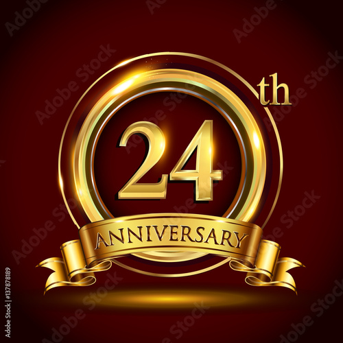 24th golden anniversary logo, twenty four  years birthday celebration with gold ring and golden ribbon.