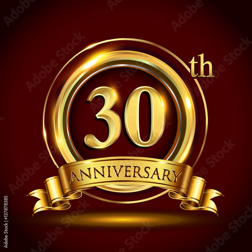 30th golden anniversary logo, thirty nine years birthday celebration with gold ring and golden ribbon.