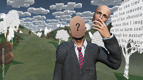 Фотография Man removes face showing question in landscape with text paper trees