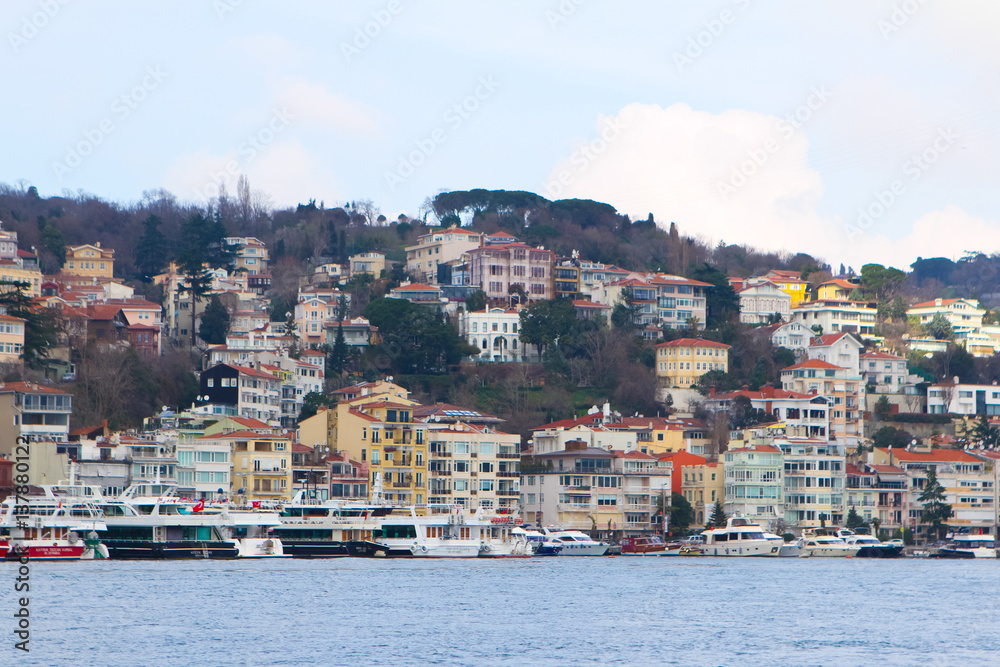 View of Istanbul and Bosphorus, Turkey. Sea front town houses