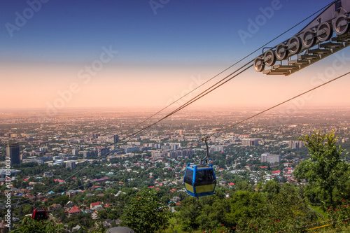 Almaty city view from Koktobe hill and cabin of cable car, Kazakhstan