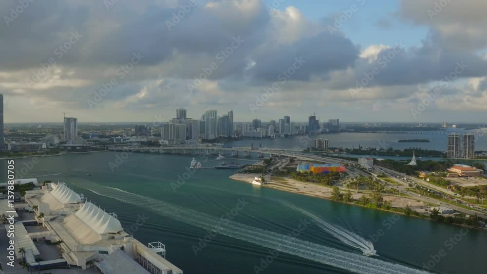 Miami Aerial Cruise Terminal v7 Flying over cruise terminal with cityscape and causeway views. Miami Aerial Cruise Terminal v7 Flying over cruise terminal with cityscape and causeway views.