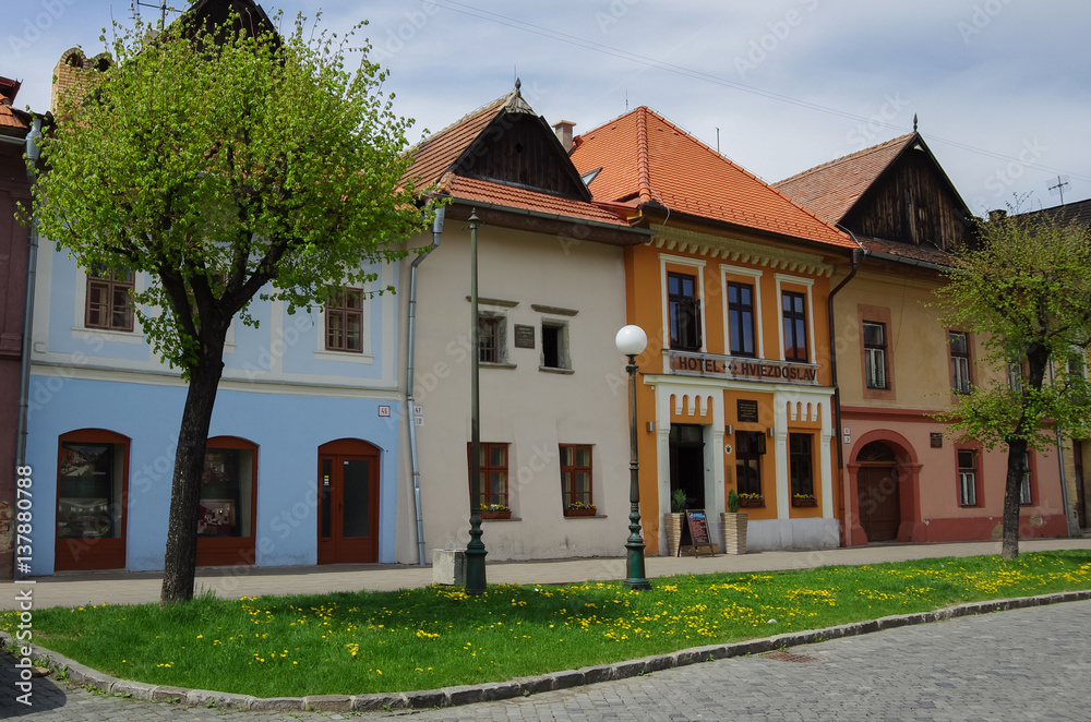 Colourful houses on the Main street of Kezmarok, Slovakia, a small town in Spis region, Poprad river.