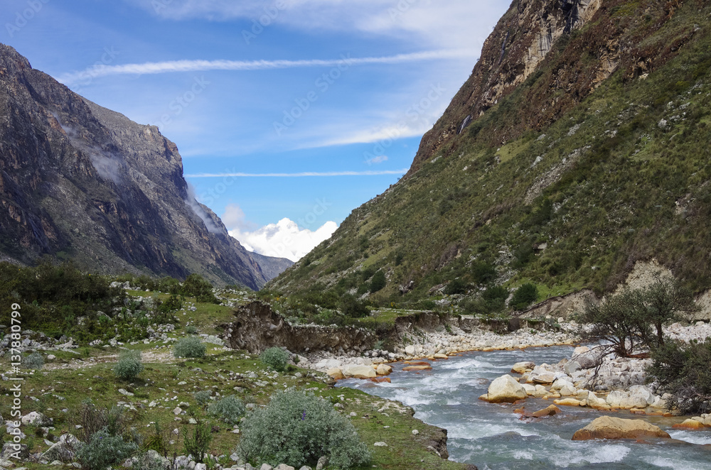  Mountain valley and river. Huascaran National Park, Cordillera Blanca - Santa Cruz Circuit Trekking. Peru
