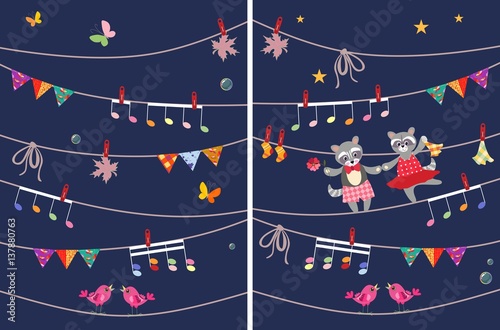 Greeting card with cute dancing raccoons, butterflies, garland, musical notes, birds, maple leaves. Design elements. Vector image. Wrapping, packaging, poster. Book illustration.