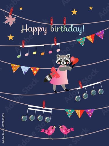 Greeting card Happy birthday with cute cartoon raccoon, heart, garland, musical notes, birds, maple leaves. Design elements. Vector illustration.