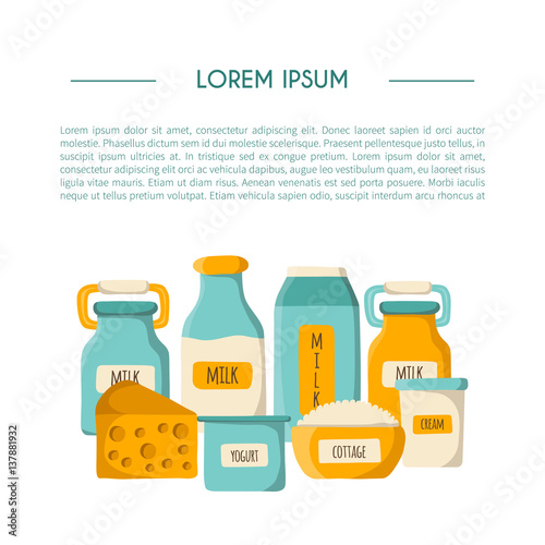 Vector illustration with cartoon milk products background. Milk intolerance or lactose free concept. Vector cartoon dairy products. Natural organic milk production. Farm diary production background