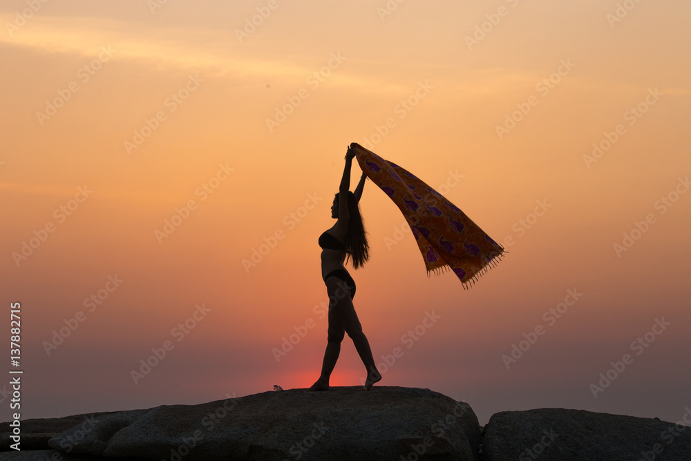 Women silhouette of couple at sunset summer, healthy concept