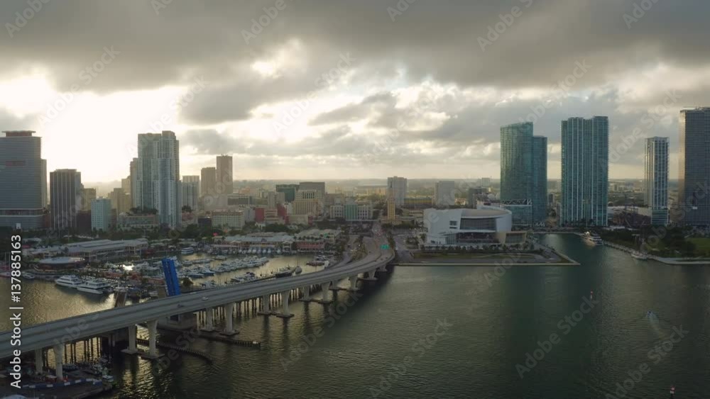 Miami Aerial v17 Flying over low over bridge and downtown. Miami Aerial v17 Flying over low over bridge and downtown.
