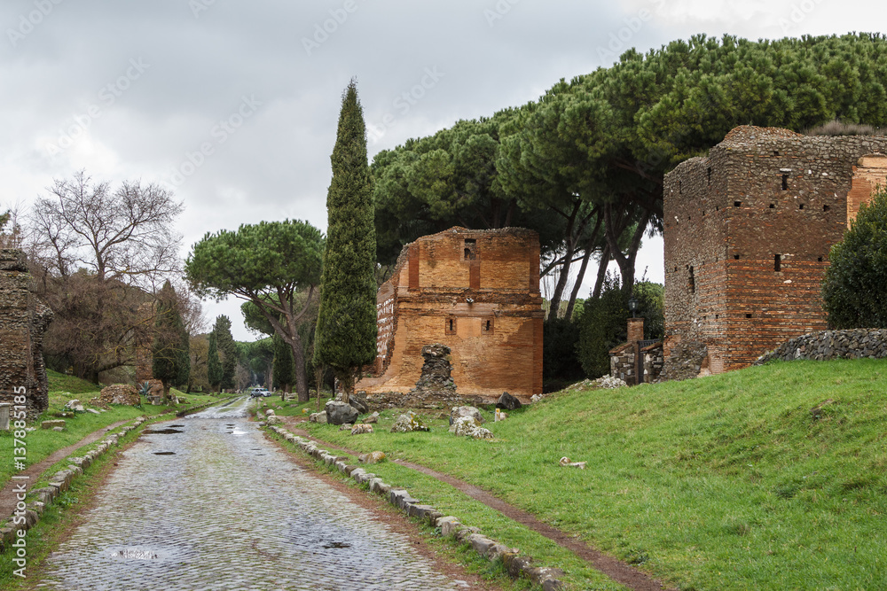 Ruins of funeral monuments along ancient Appian Way near Rome, Italy