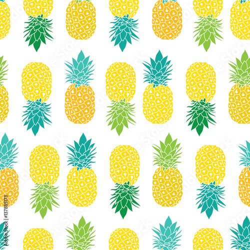Fresh Blue Yellow Green Pineapples Vector Repeat Seamless Pattrern in Grey and Yellow Colors. Great for fabric, packaging, wallpaper, invitations.