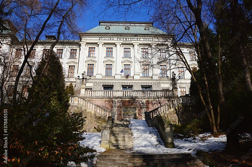 Front stairs and neo renaissance building of neo renaissance mining academy in Banska Stiavnica, Slovakia, now residence of chemical highschool of Samuel Mikovini.