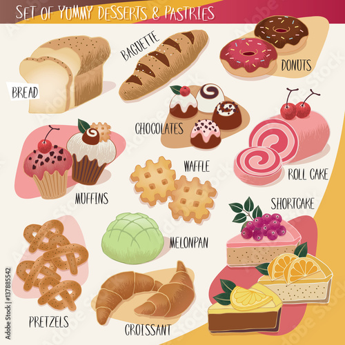 Vector illustration of hand drawn desserts and pastries. A set of sweet and yummy dessert collection with decoration.