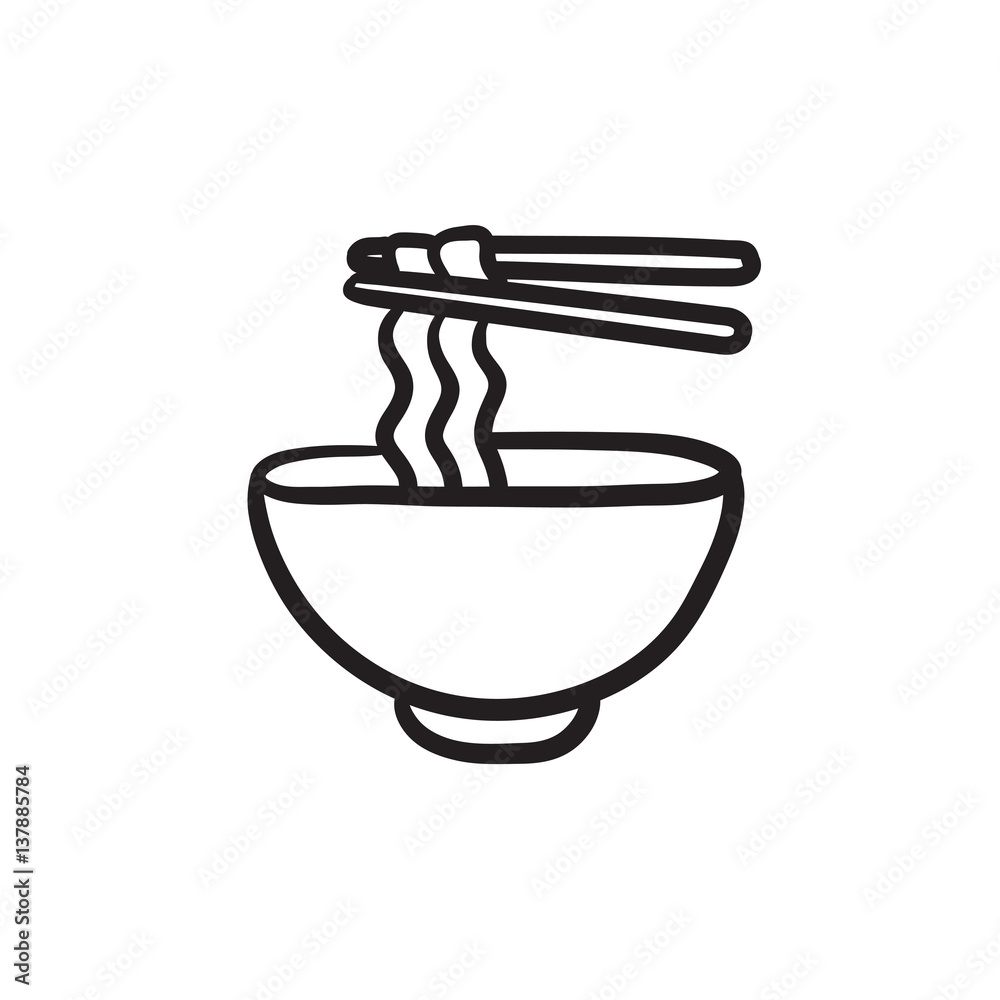 Bowl of noodles with pair chopsticks sketch icon. Bowl of noodles with pair chopsticks sketch icon.