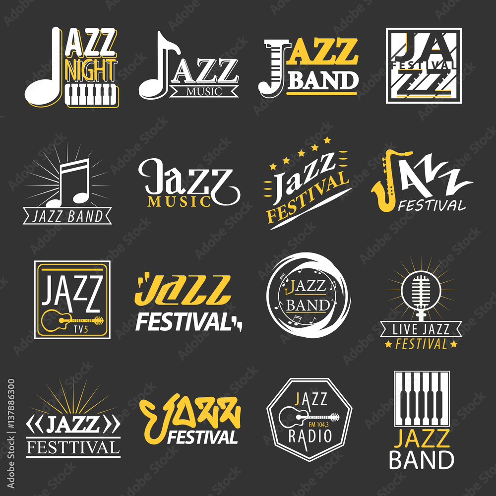Jazz festival logos set isolated on black background. Festival logotypes