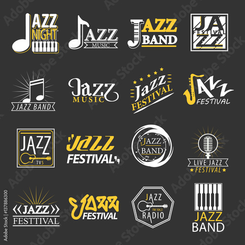 Jazz festival logos set isolated on black background. Festival logotypes