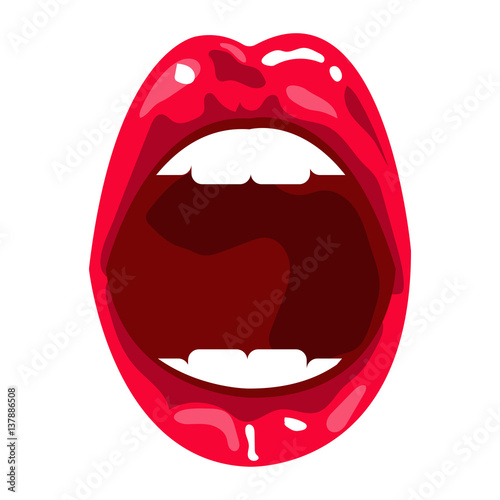 Red open mouth with white teeth. Female lips red lipstick.