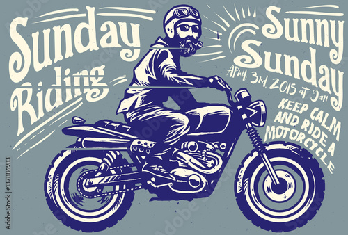 hand drawing style of beraded man in suit riding a classic motorcycle