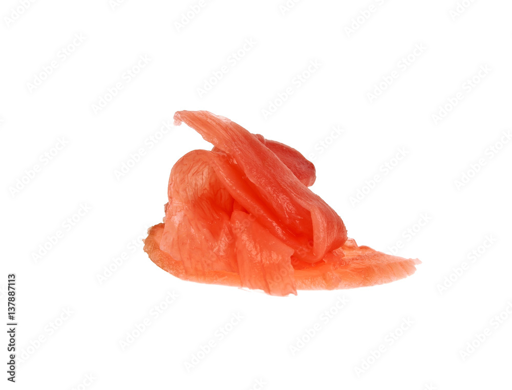 Pile of marinated ginger slices isolated on a white background