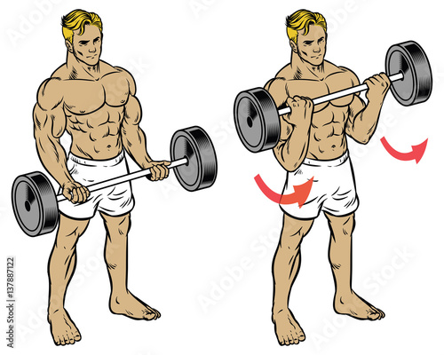 male fitness workout doing barbell durl to train the bicep