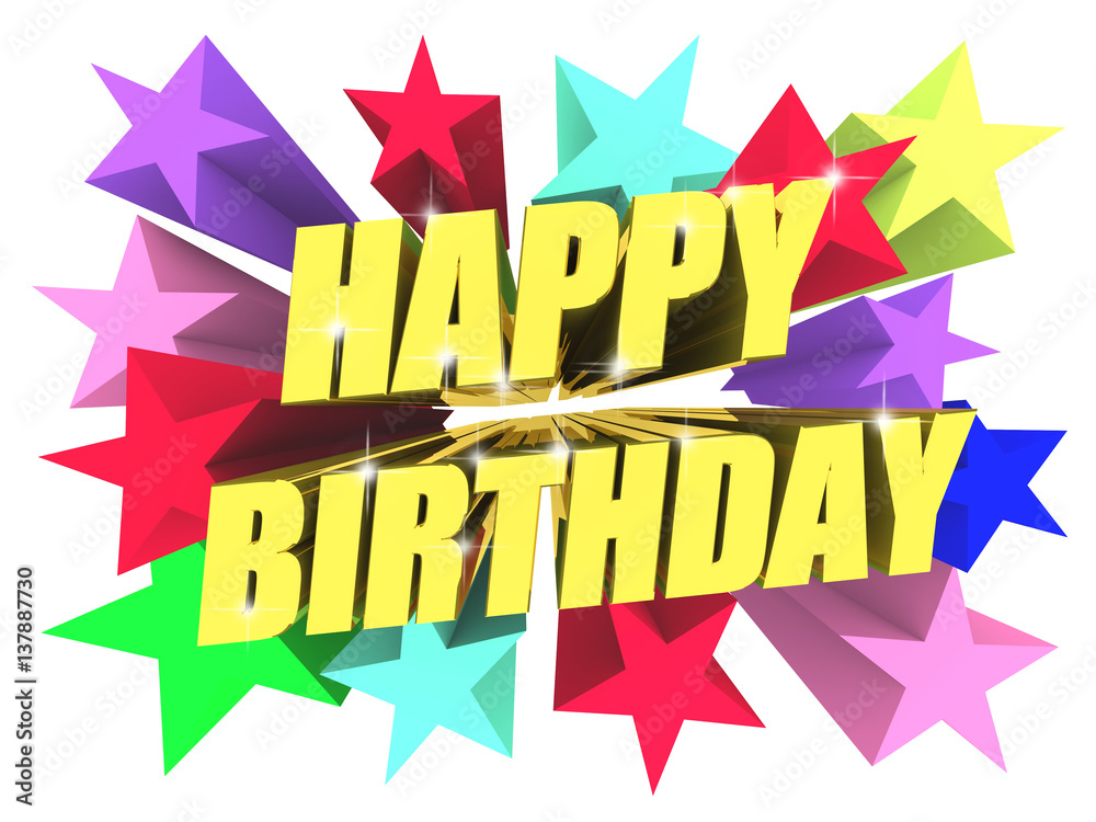 Fototapeta premium Happy Birthday golden text among bright multicolored stars. 3d render