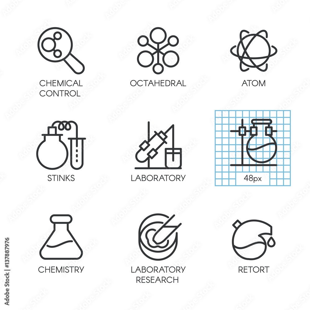 Icons of chemistry, experiments, research concept