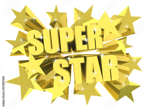 Super Star golden text among stars. 3d render