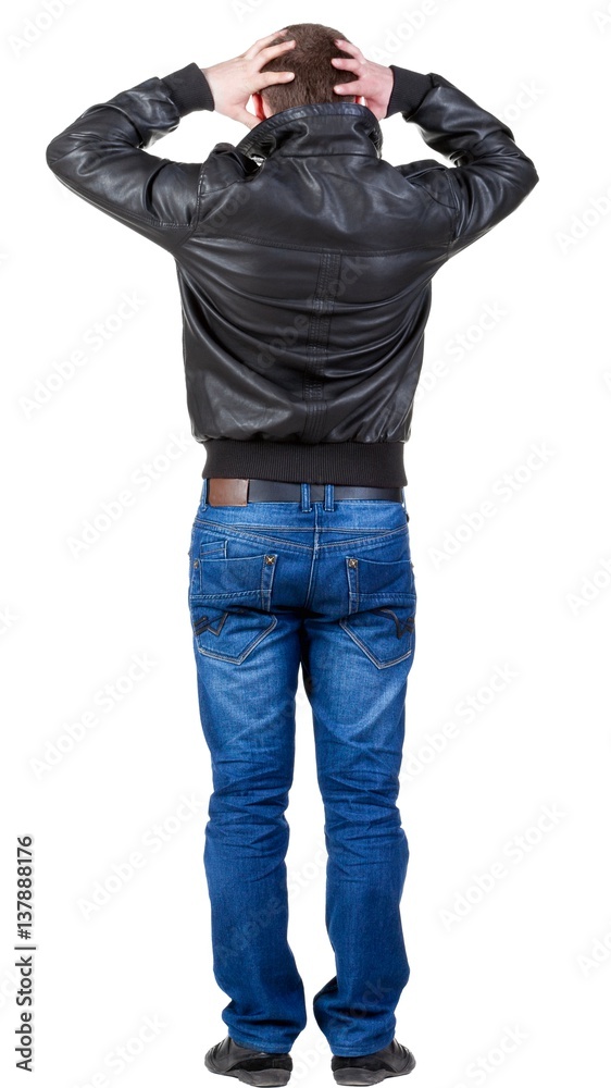 Back view of shocked man in jacket Back view of shocked man in jacket