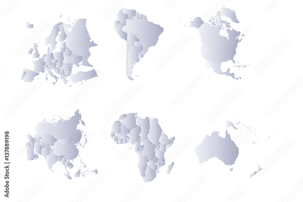 set 6 continents and countries color white