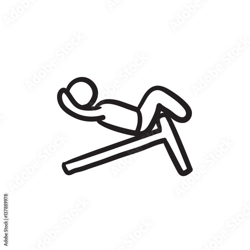 Man doing crunches on incline bench sketch icon.