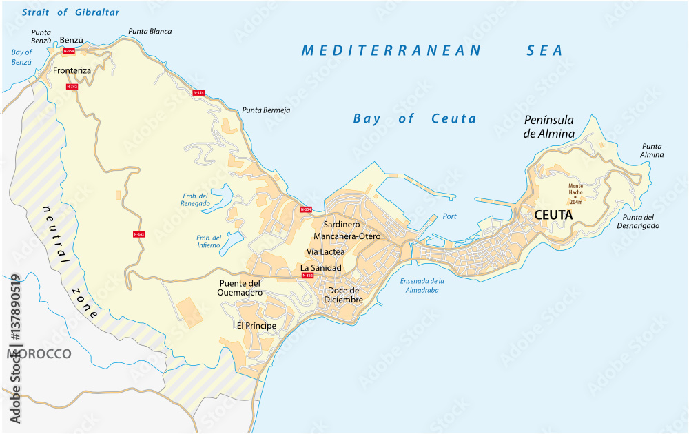 Vetor De Road Map Of The Spanish Enclave Ceuta On The African Continent Vetor De Road Map Of The Spanish Enclave Ceuta On The African Continent
