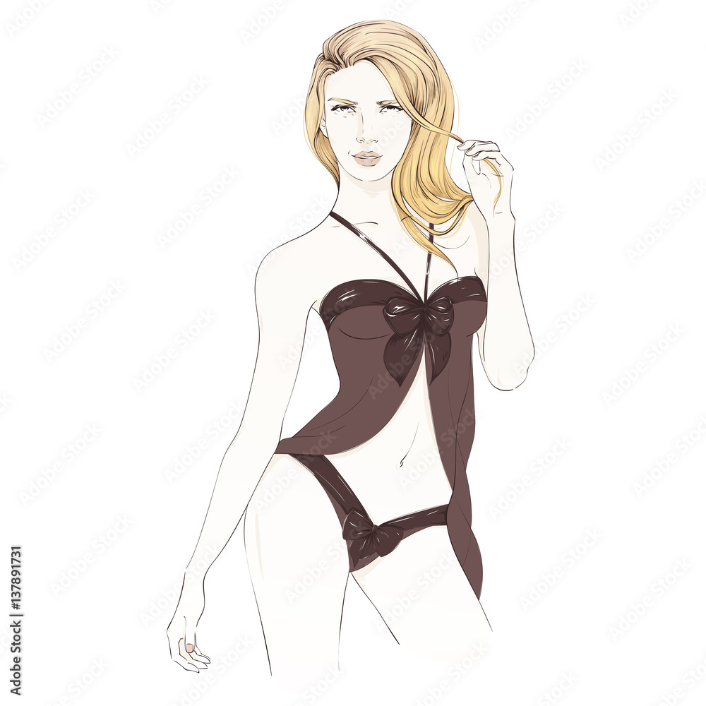Beautiful blonde girl in black underwear staing. Vector hand drawn illustration Beautiful blonde girl in black underwear staing. Vector hand drawn illustration