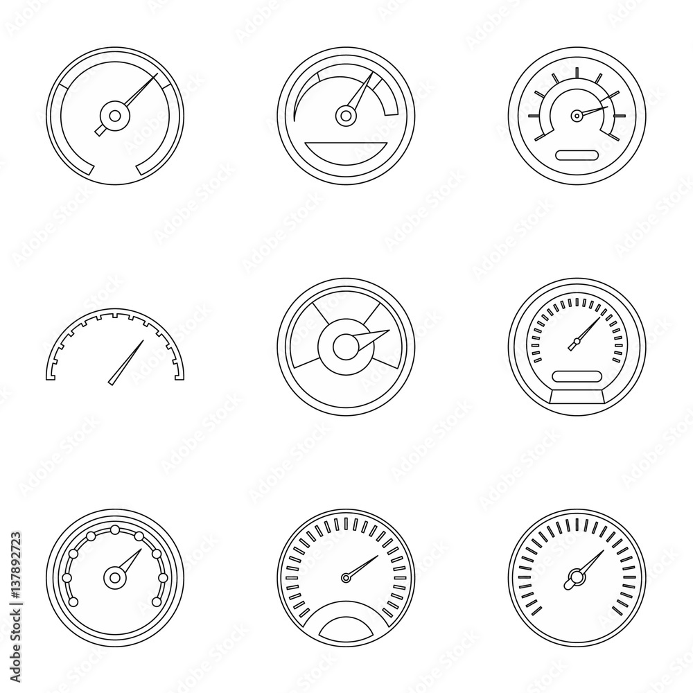 Engine speedometer icons set, outline style Engine speedometer icons set, outline style