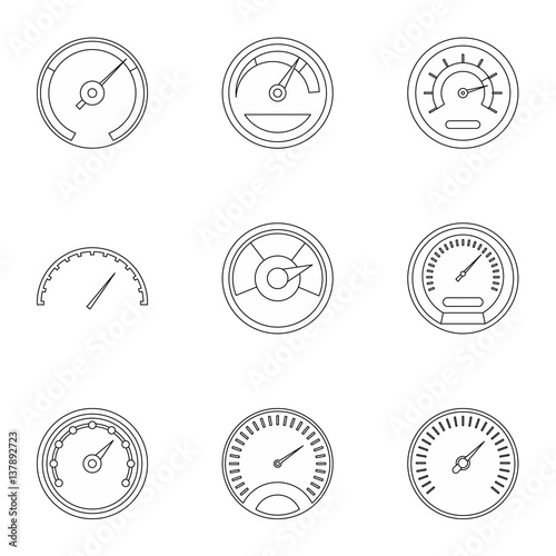 Engine speedometer icons set, outline style