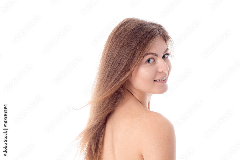 cute girl without makeup stands sideways and forward looking isolated on white background cute girl without makeup stands sideways and forward looking isolated on white background