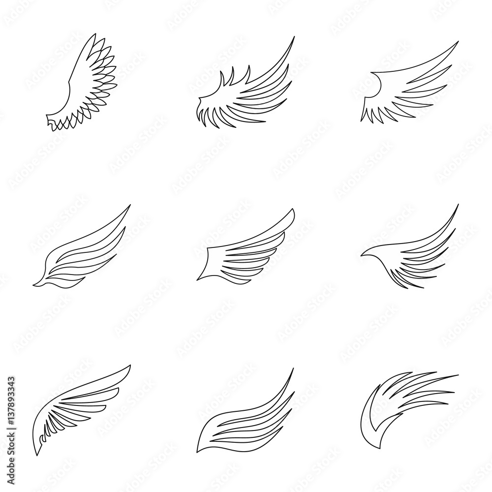 Fototapeta premium Types of wings icons set, outline style