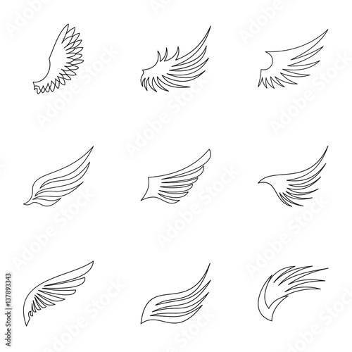 Types of wings icons set, outline style