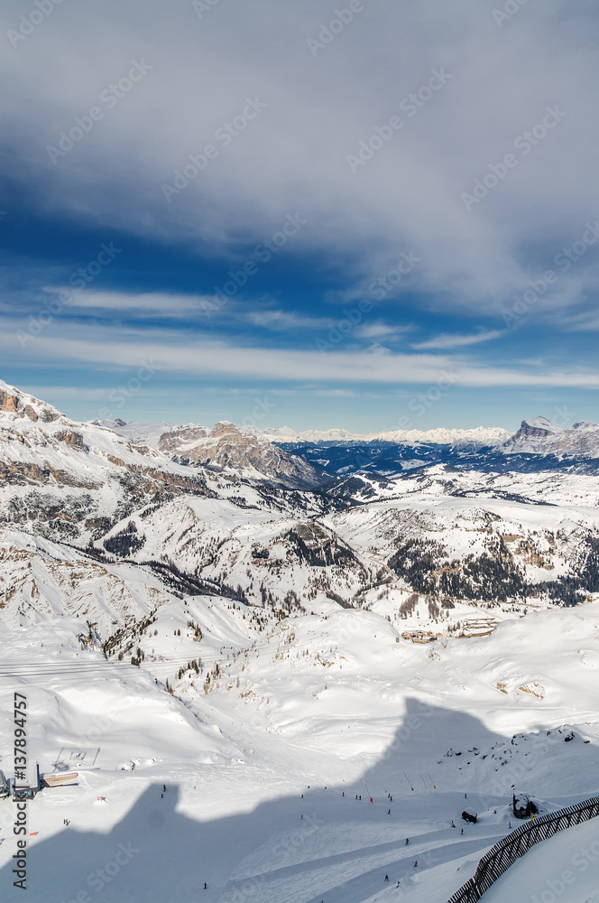Obraz premium Sunny view of Dolomite Alps near Alta Badia of Val di Fassa, Trentino-Alto-Adige region, Italy.