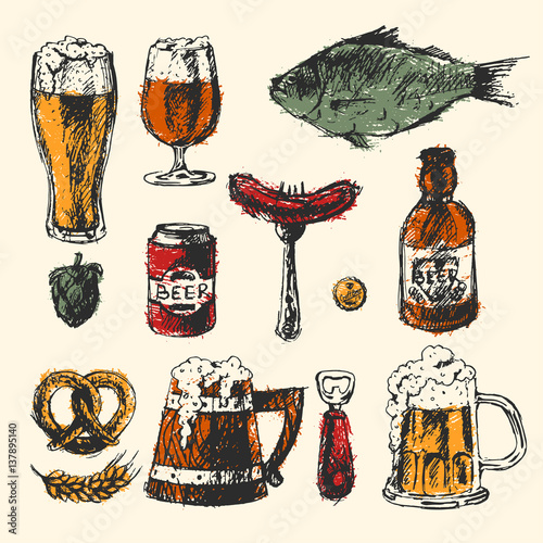 Craft beer and pub sketch vector illustration.