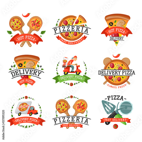 Delivery pizza badge vector illustration.
