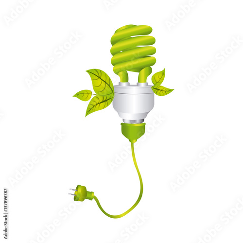 color silhouette with spiral fluorescent lamp with leaves and plug vector illustration
