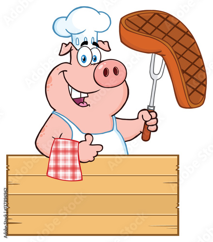Chef Pig Cartoon Mascot Character Holding A Cooked Steak On A Bbq Fork Over A Wooden Sign Giving A Thumb Up