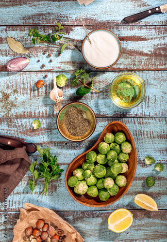 Brussels sprouts with ingredients for cooking tasty and healthy food