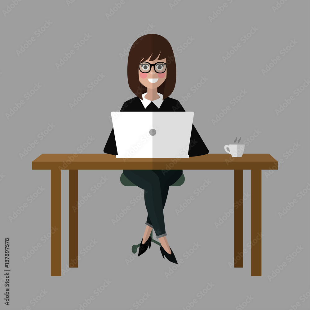 Smiling business woman with laptop and coffee. Office worker. Flat illustration. Hand drawn vector design.