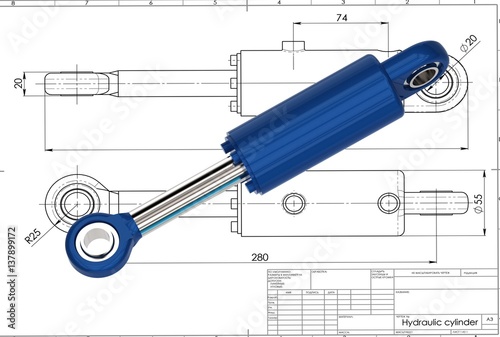 3d illustration of hydraulic cylinder above the engineering drawing