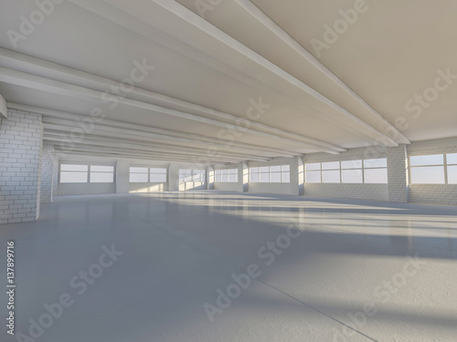 Sunny big open area with windows. 3D rendering.